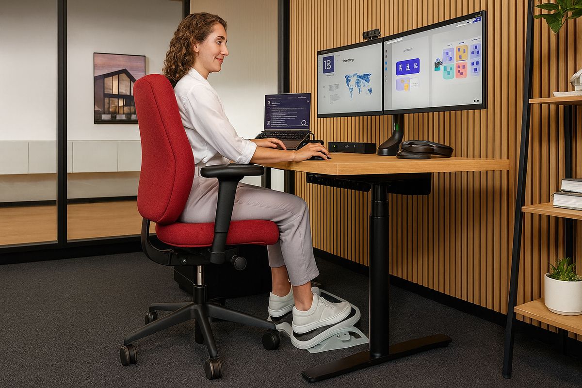 Guide illustration showing correct monitor height aligned with eye level during desk work